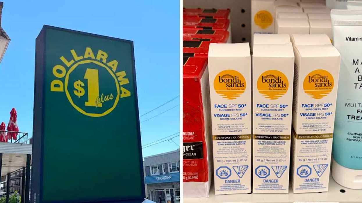 Devanture du Dollarama. Droite : Crème solaire Bondi Sands vendue au Dollarama.
