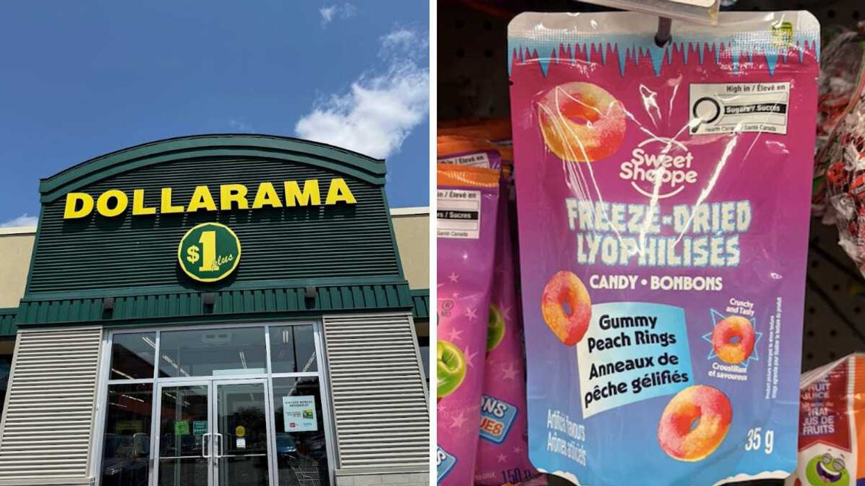 Devanture du Dollarama. Droite : des bonbons lyophylisés vendus au Dollarama.