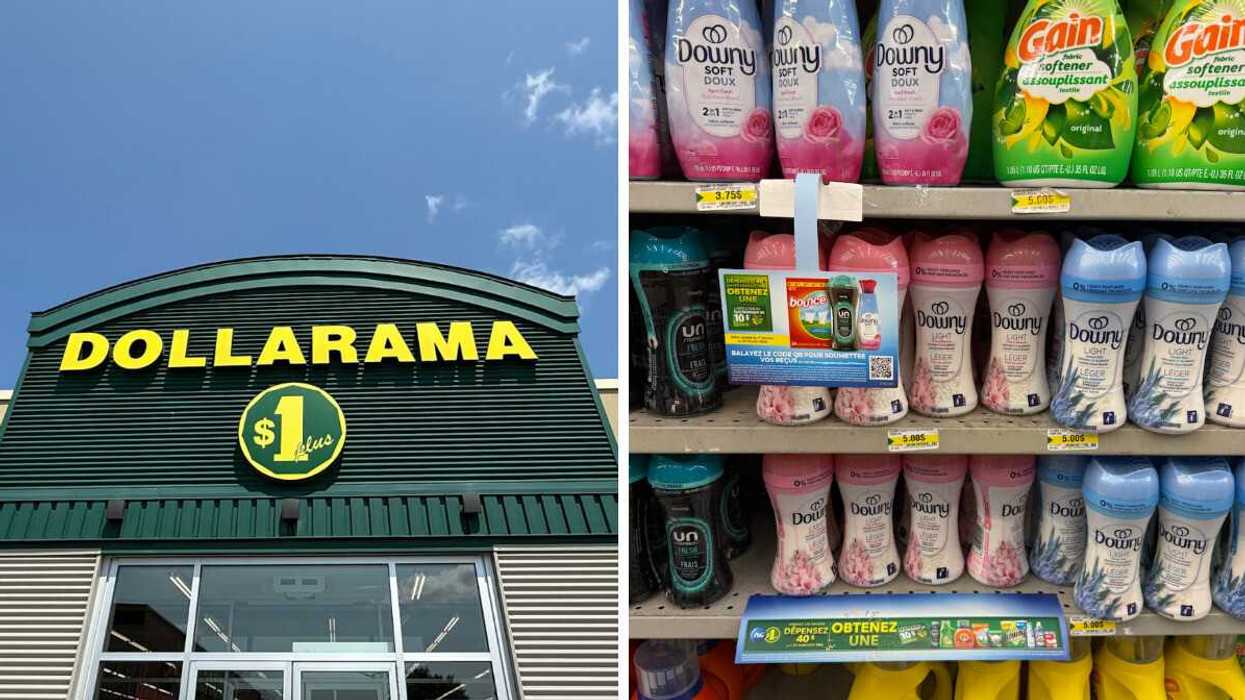 Devanture du Dollarama. Droite : Des produits de Procter and Gamble sur les tablettes du Dollarama.