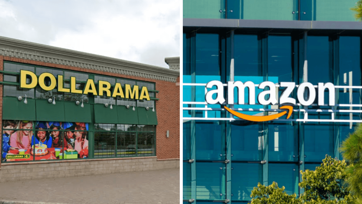 Devanture du Dollarama. Droite : Devanture des bureaux d'Amazon.
