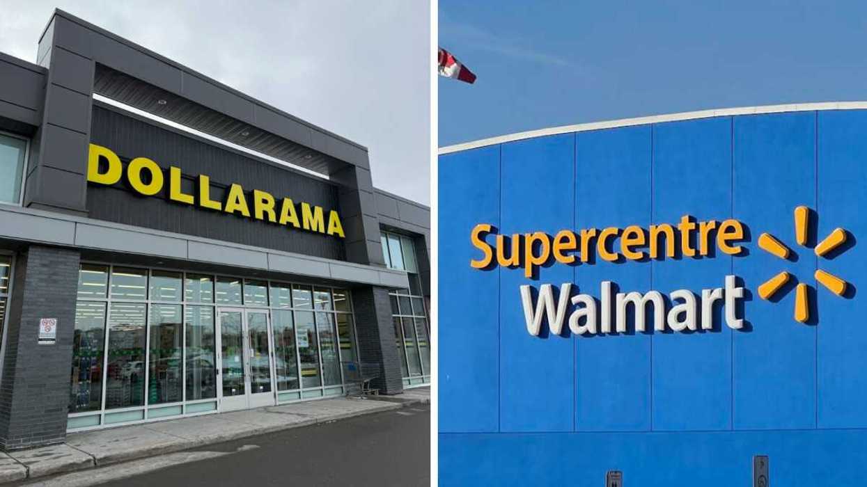 Devanture du Dollarama. Droite : Devanture du Walmart.