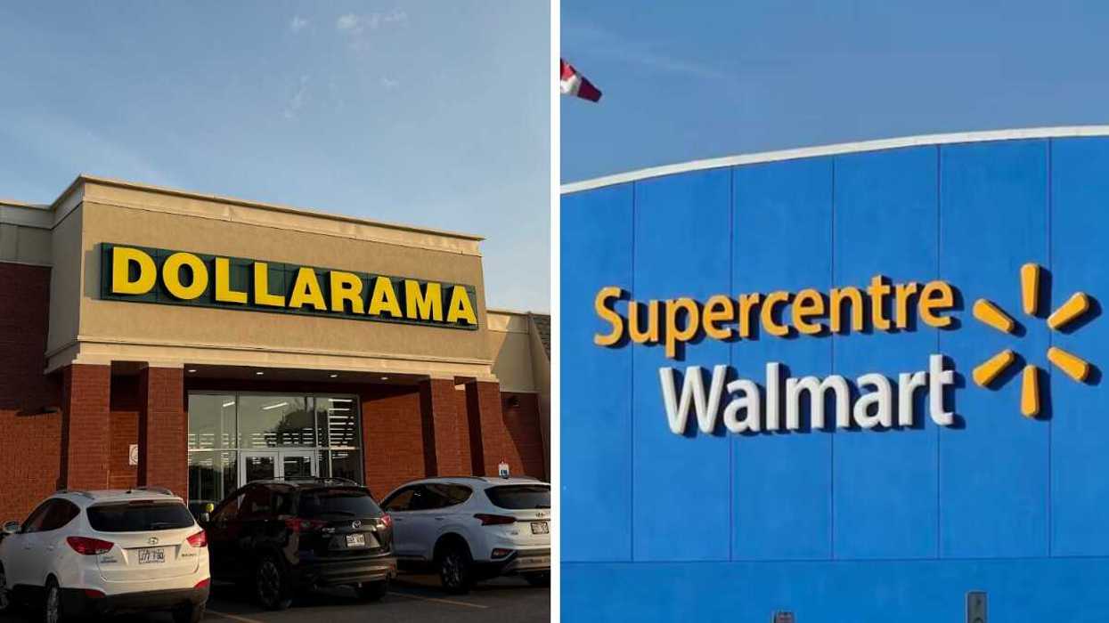 Devanture du Dollarama. Droite : Devanture du Walmart.