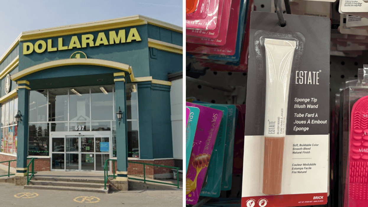 Devanture du Dollarama. Droite : Fard à joues ESTATE sur les étagères du Dollarama.