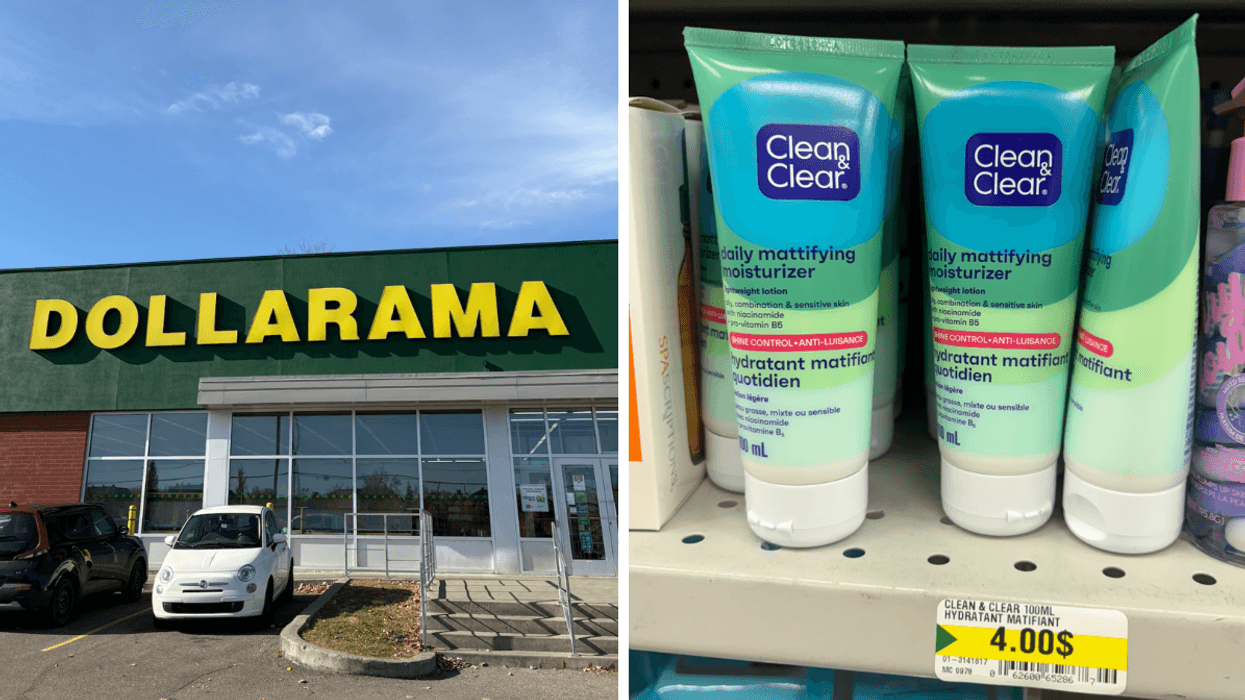 Devanture du Dollarama. Droite : L'hydratant matifiant Clean & Clear sur les tablettes du Dollarama.
