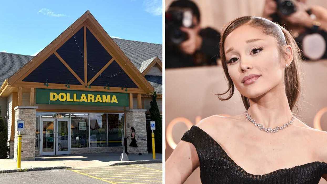 Devanture du Dollarama. Droite : La chanteuse Ariana Grande.