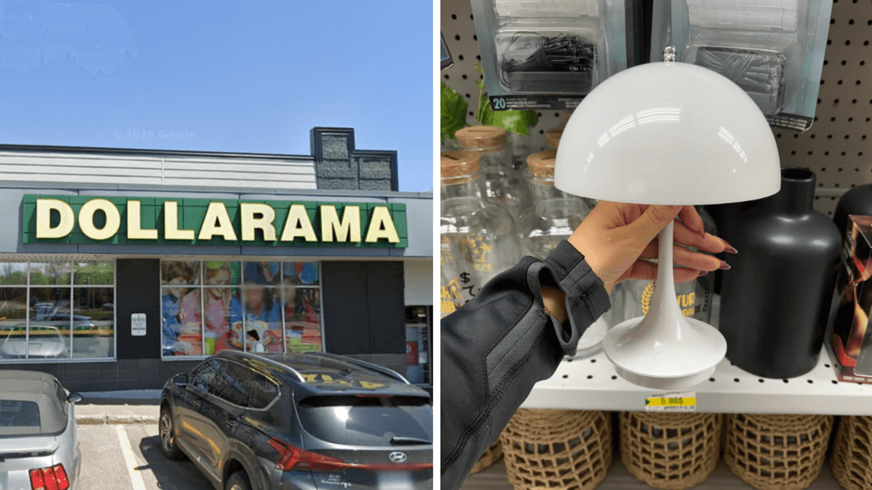 Devanture du Dollarama, Droite : Lampe à batterie dans une main au Dollarama.