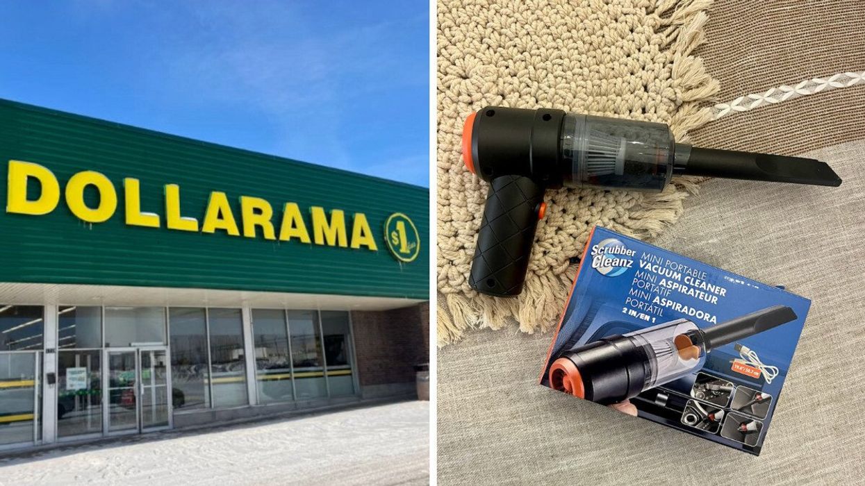 Devanture du Dollarama. Droite : Le mini aspirateur à main du Dollarama.