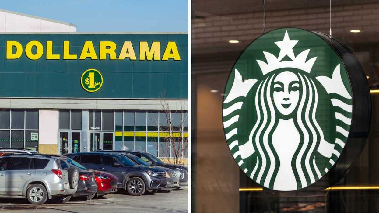Devanture du Dollarama. Droite : Logo du Starbucks.