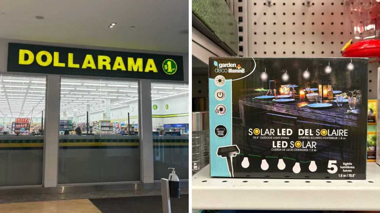 Devanture du Dollarama. Droite : Lumières solaires vendues au Dollarama.