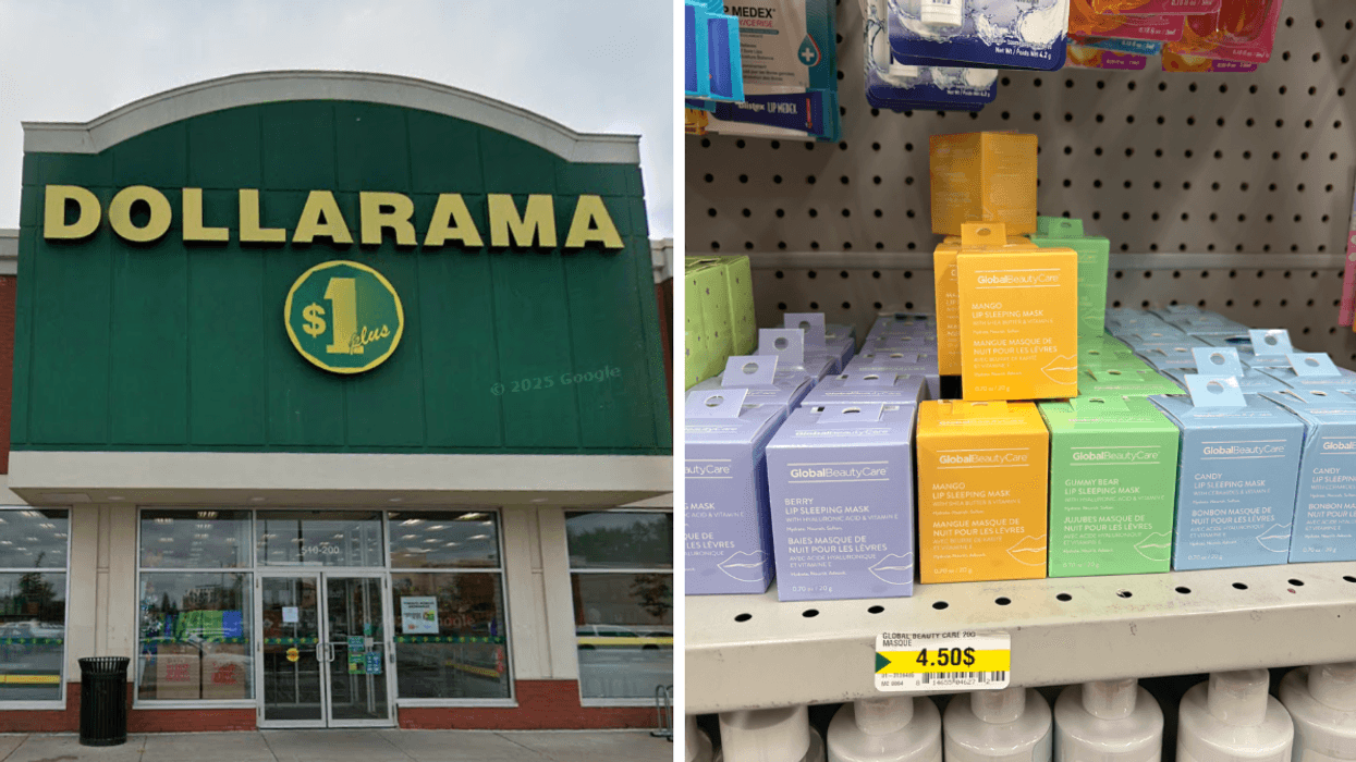 Devanture du Dollarama. Droite : masque de nuit pour les lèvres en vente au Dollarama.
