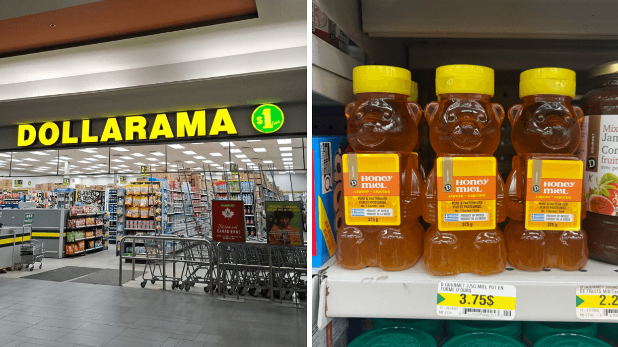 Devanture du Dollarama. Droite : miel liquide sur les tablettes du Dollarama.