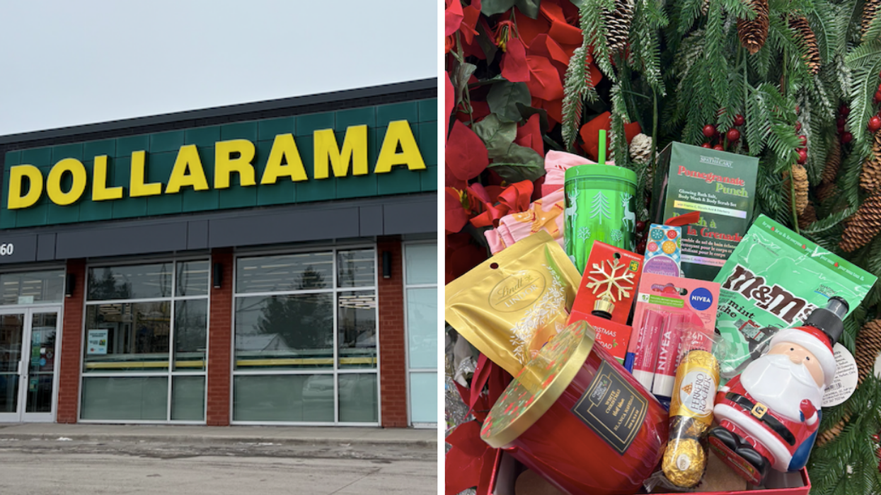 Devanture du Dollarama. Droite : Panier cadeaux de Noël.
