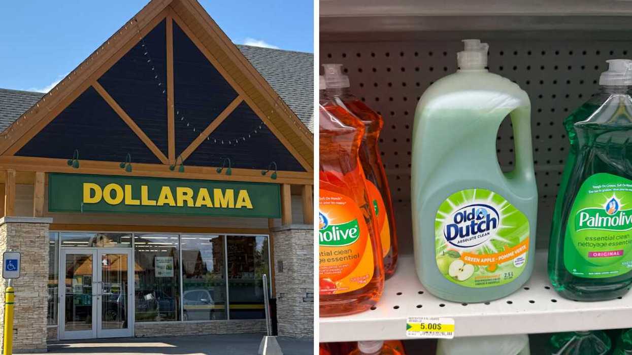 Devanture du Dollarama. Droite : Savon à vaisselle Old Dutch en format géant.