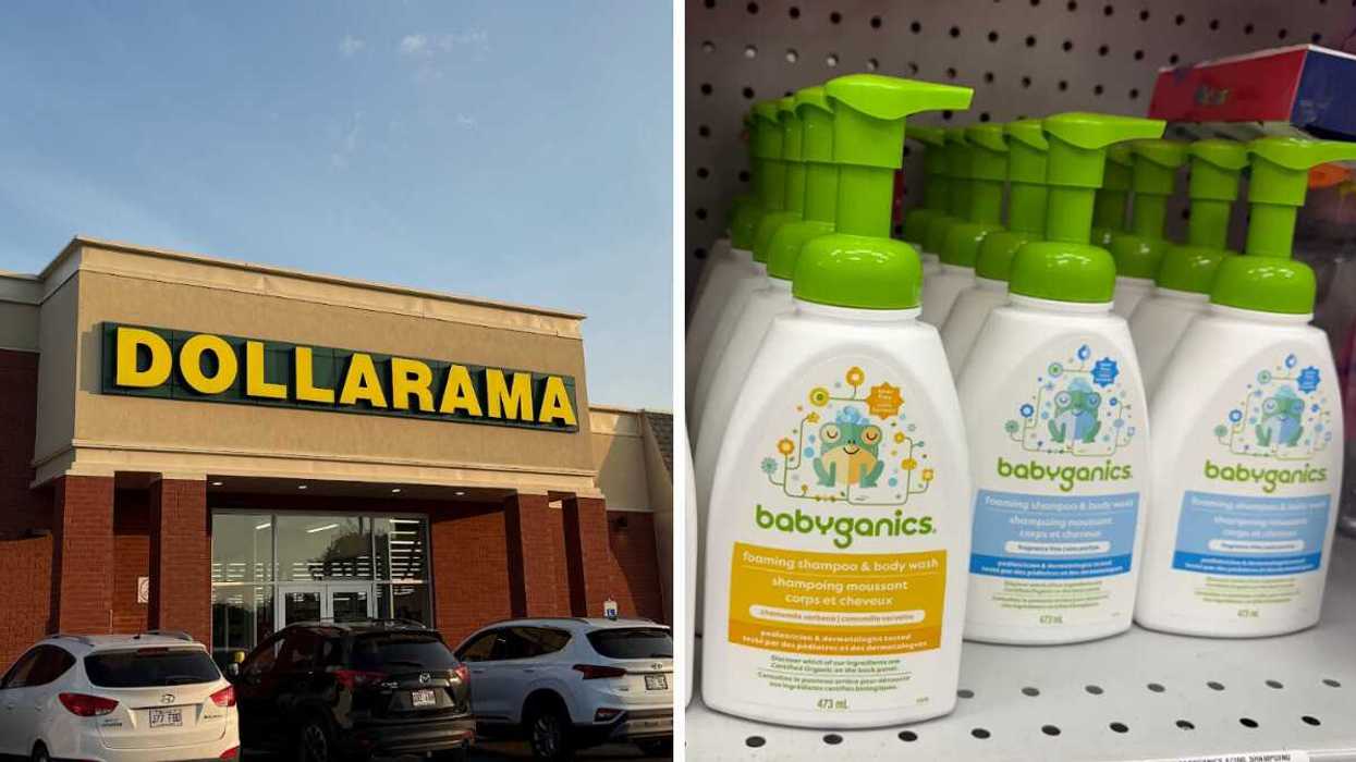 Devanture du Dollarama. Droite : shampoings moussants corps et cheveux Babyganics sur les tablettes du Dollarama.