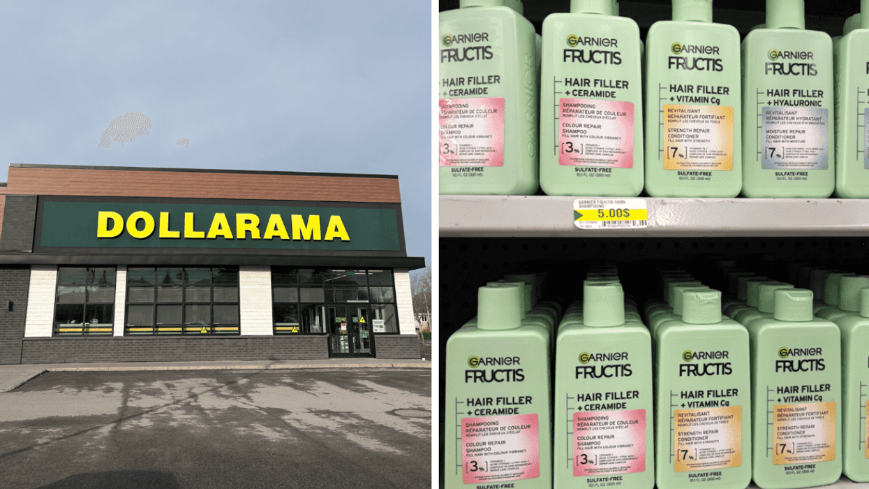 Devanture du Dollarama. Droite : shampooings de la marque Garnier Fructis sur les tablettes du Dollarama.