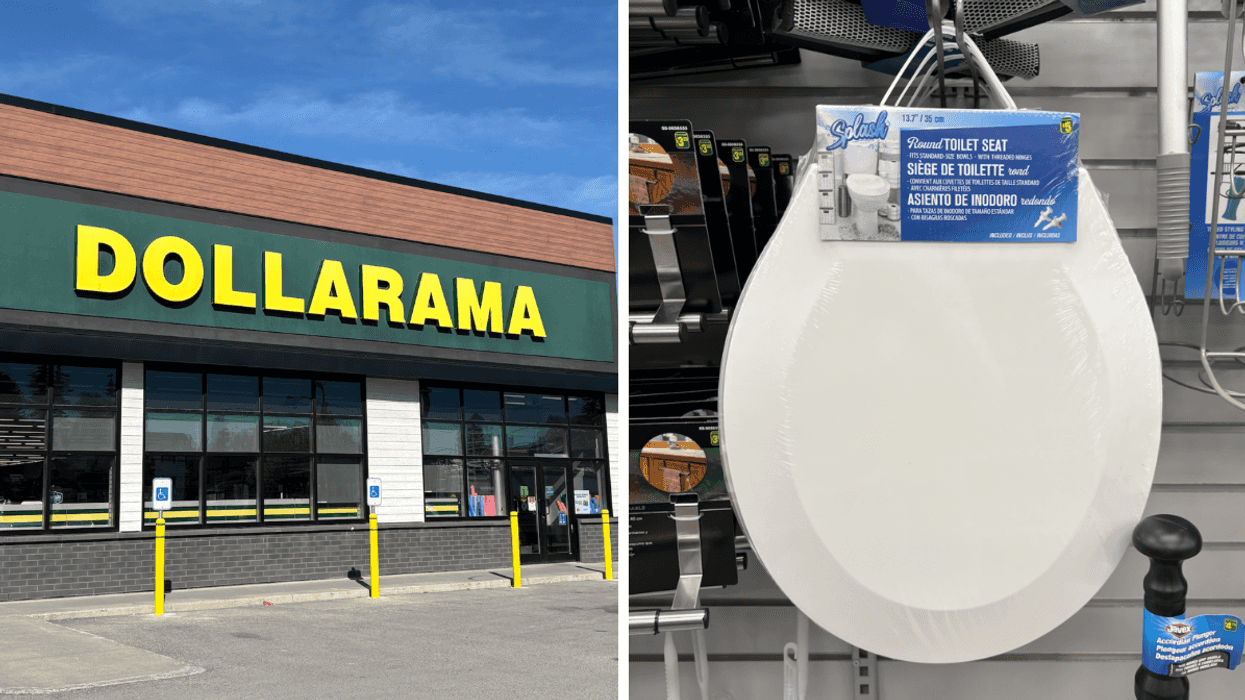 Devanture du Dollarama. Droite : siège de toilette sur les étagères du Dollarama.