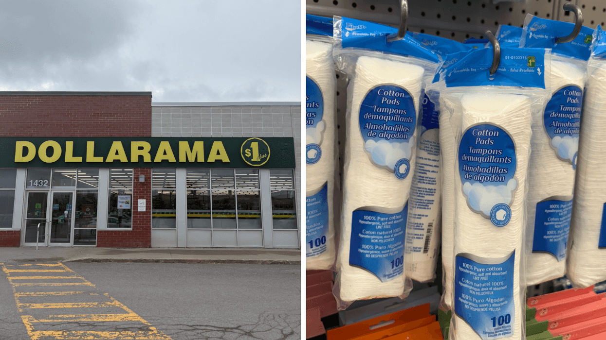 Devanture du Dollarama. Droite : tampons démaquillants sur les étagères du Dollarama.