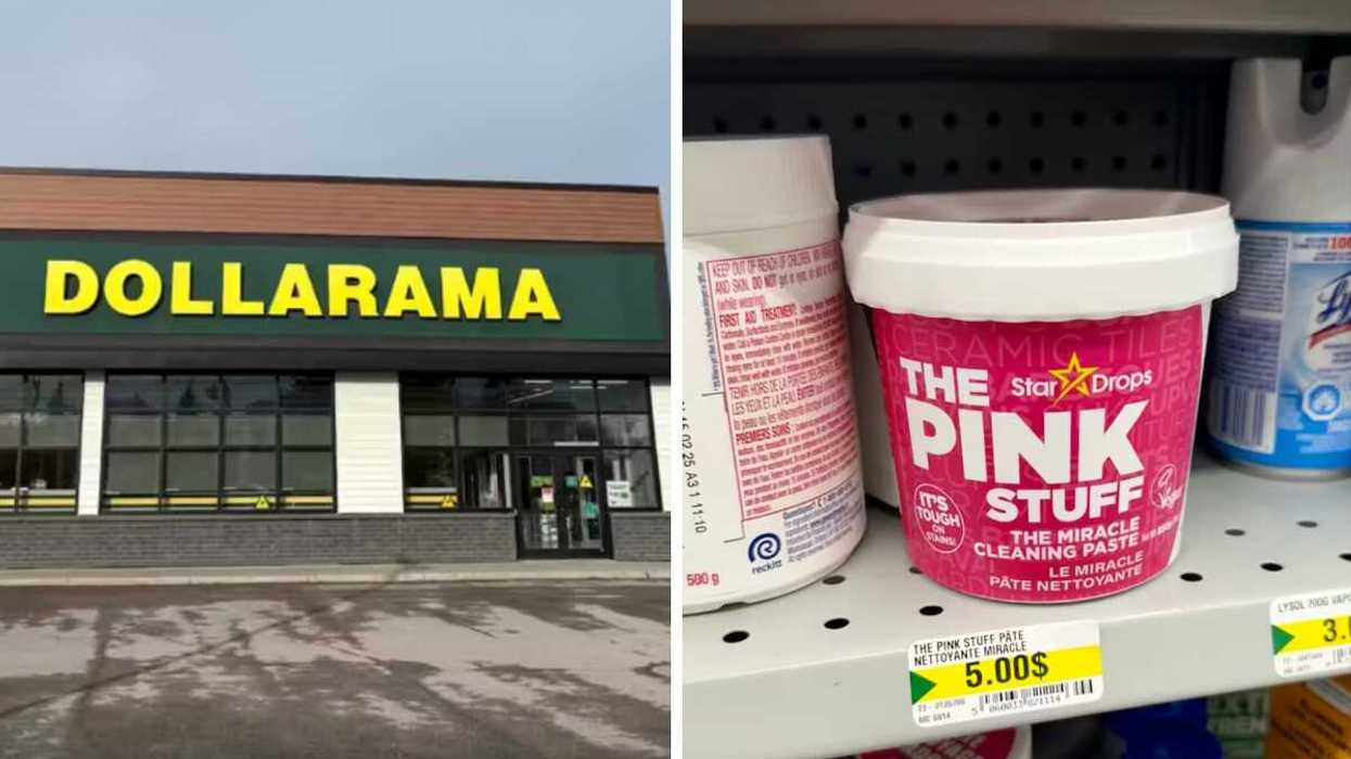 Devanture du Dollarama. Droite : The pink stuff au Dollarama.