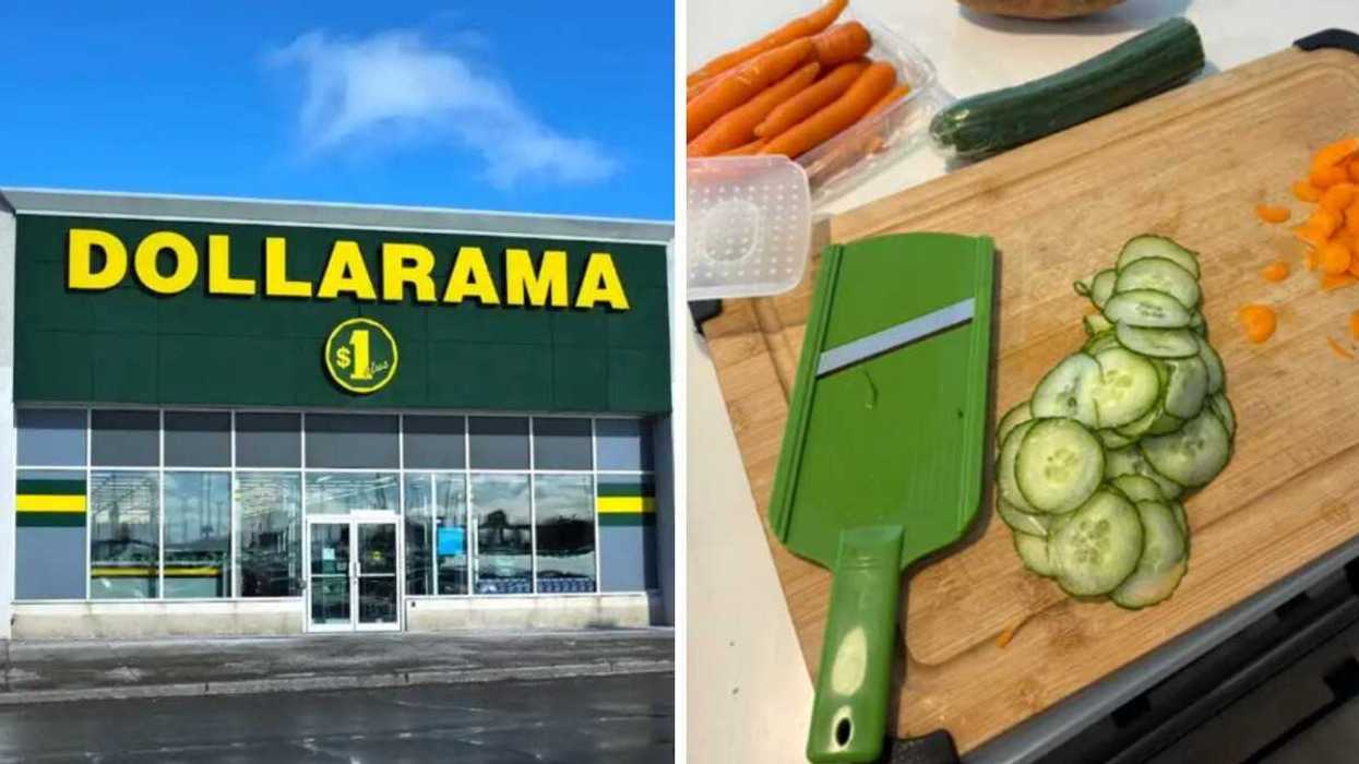 Devanture du Dollarama. Droite : Trancheur avec poignée de sécurité vendu au Dollarama.