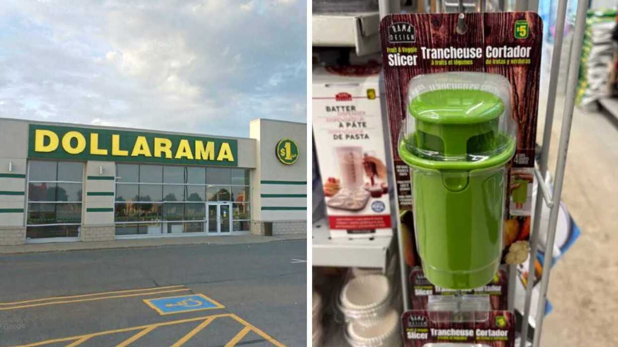 Devanture du Dollarama, Droite : Trancheuse à fruits et légumes vendue pour 5 $ au Dollarama.