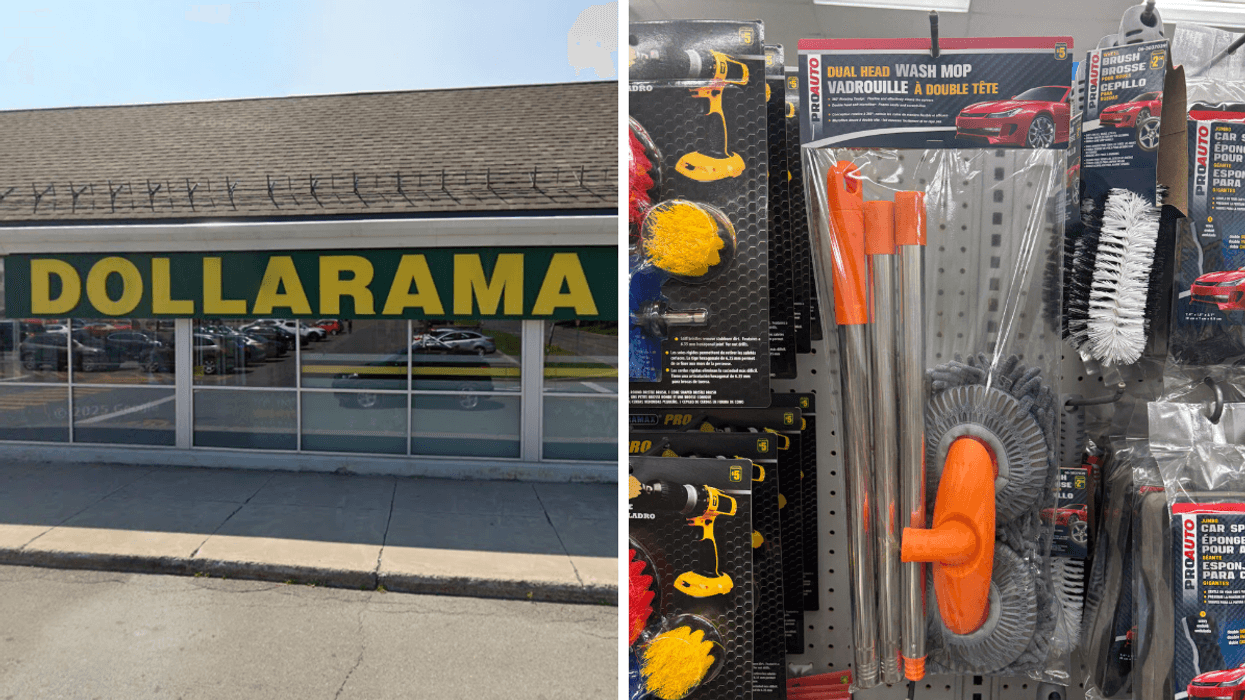 Devanture du Dollarama. Droite : Vadrouille à double tête sur les étagères du Dollarama.