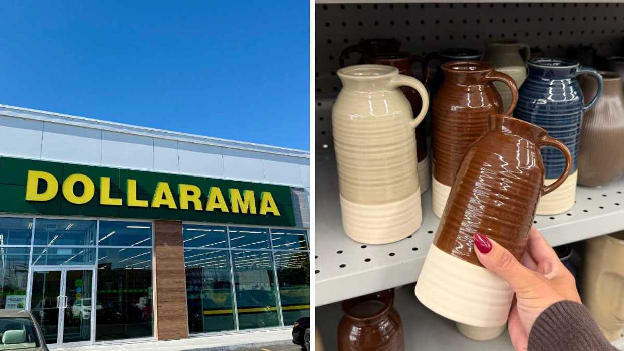Devanture du Dollarama. Droite : Vase de style poterie dans une main au Dollarama.