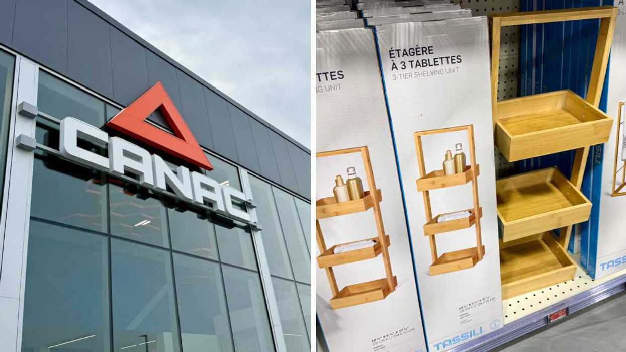 Devanture du magasin Canac. Droite : Des étagères à trois tablettes à petit prix dans les rayons au Canac.