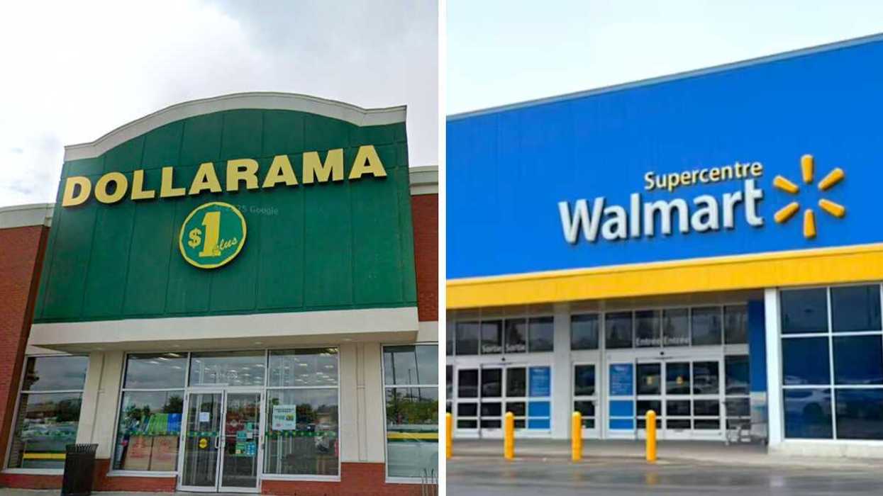 Devanture du magasin Dollarama. Droite : Devanture du magasin Walmart.