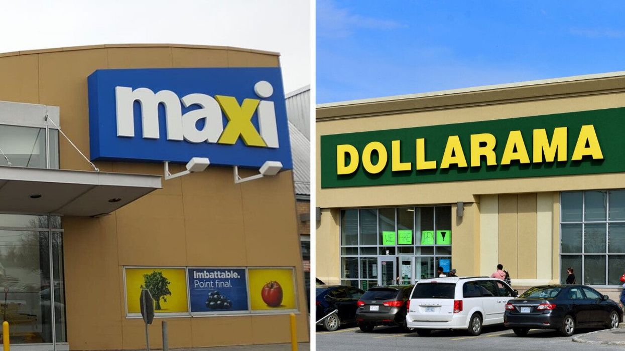 Devanture du Maxi. Droite : Devanture du Dollarama.