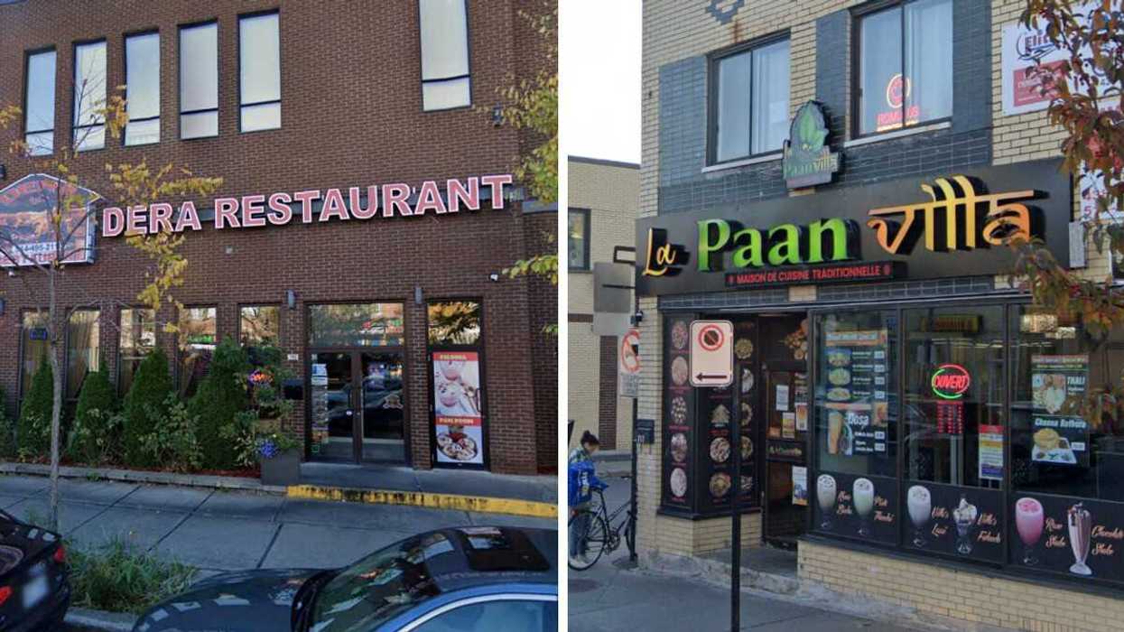 Devanture du restaurant Dera à Montréal. Droite : Devanture du restaurant La Paan Villa à Montréal.
