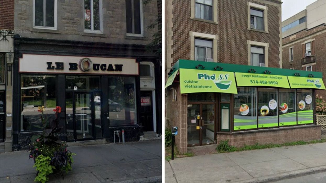 Devanture du restaurant Le Boucan à Montréal. Droite : Devanture du restaurant Pho 88 à Montréal.