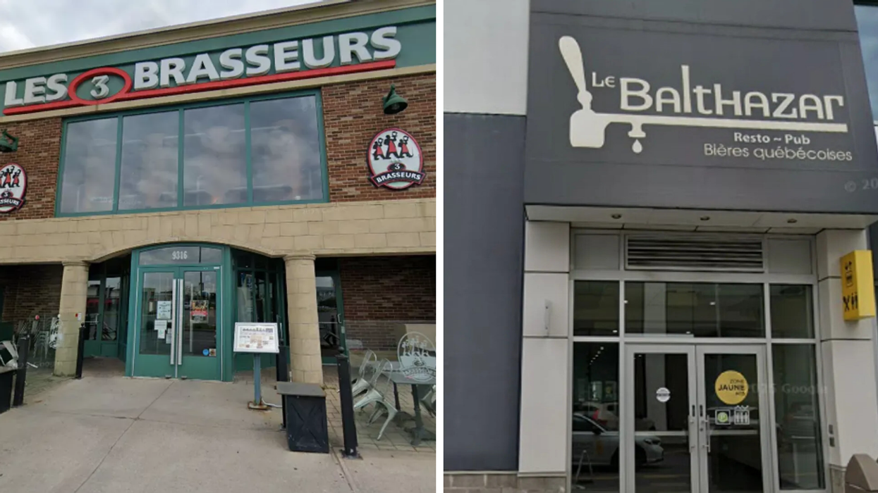 Devanture du restaurant Les 3 Brasseurs. Droite : devanture du restaurant Le Balthazar.
