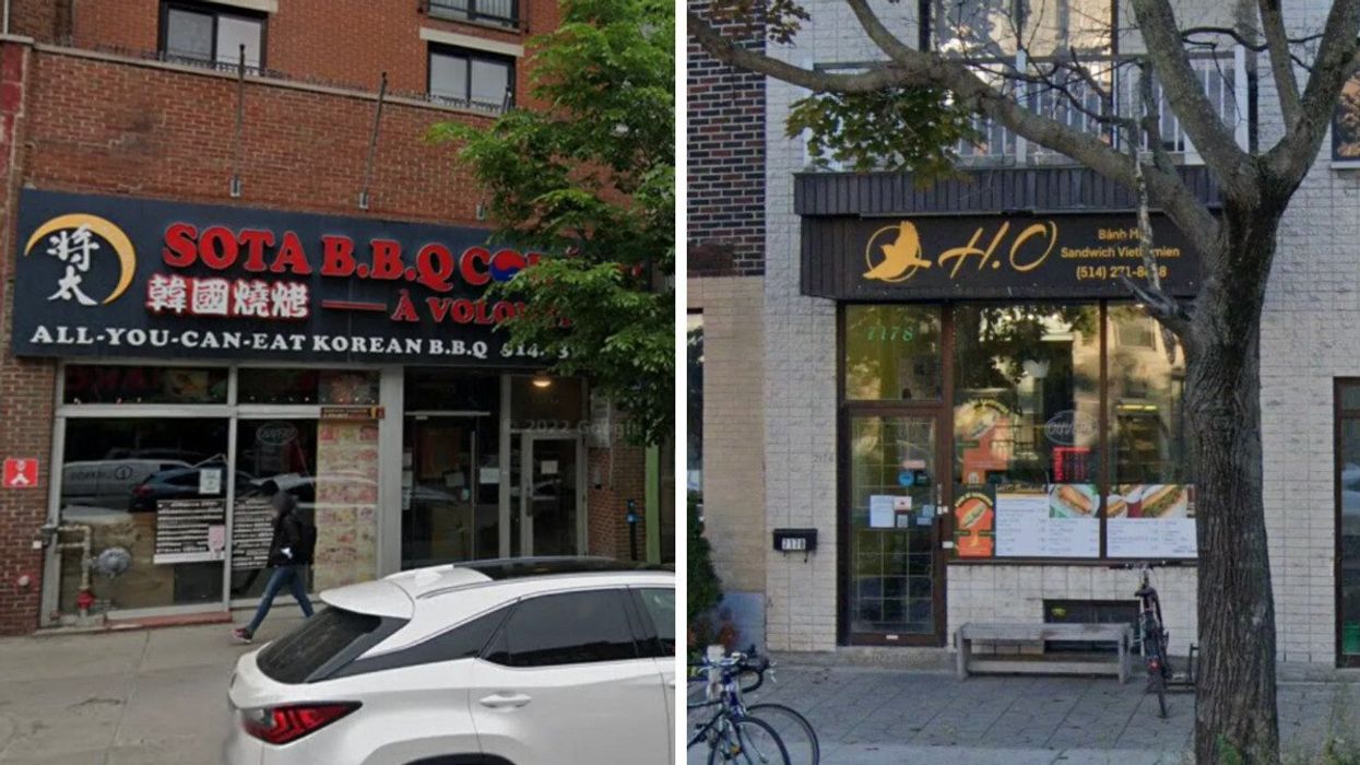 Devanture du restaurant Sota BBQ Coréen à Montréal. Droite : Devanture du restaurant H.O. Sandwich Vietnamien à Montréal.