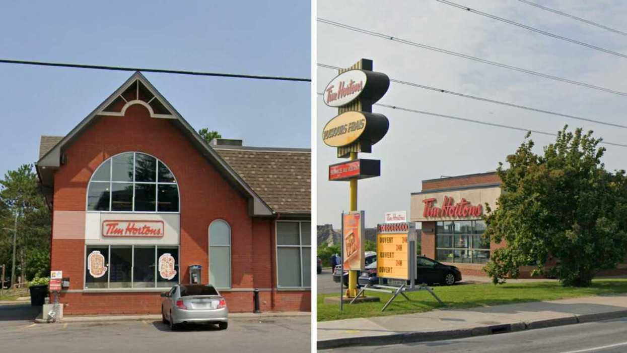 Devanture du restaurant Tim Hortons à Rawdon, sanctionné par le MAPAQ. Droite : Devanture du restaurant Tim Hortons sur Henri-Bourassa à Montréal, sanctionné par le MAPAQ.