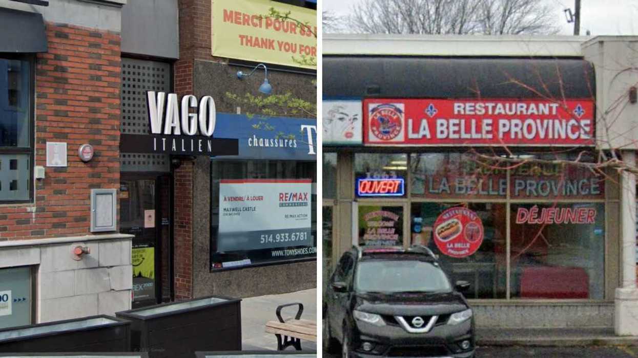 Devanture du restaurant Vago Italien à Westmount. Droite : Devanture de La Belle Province.