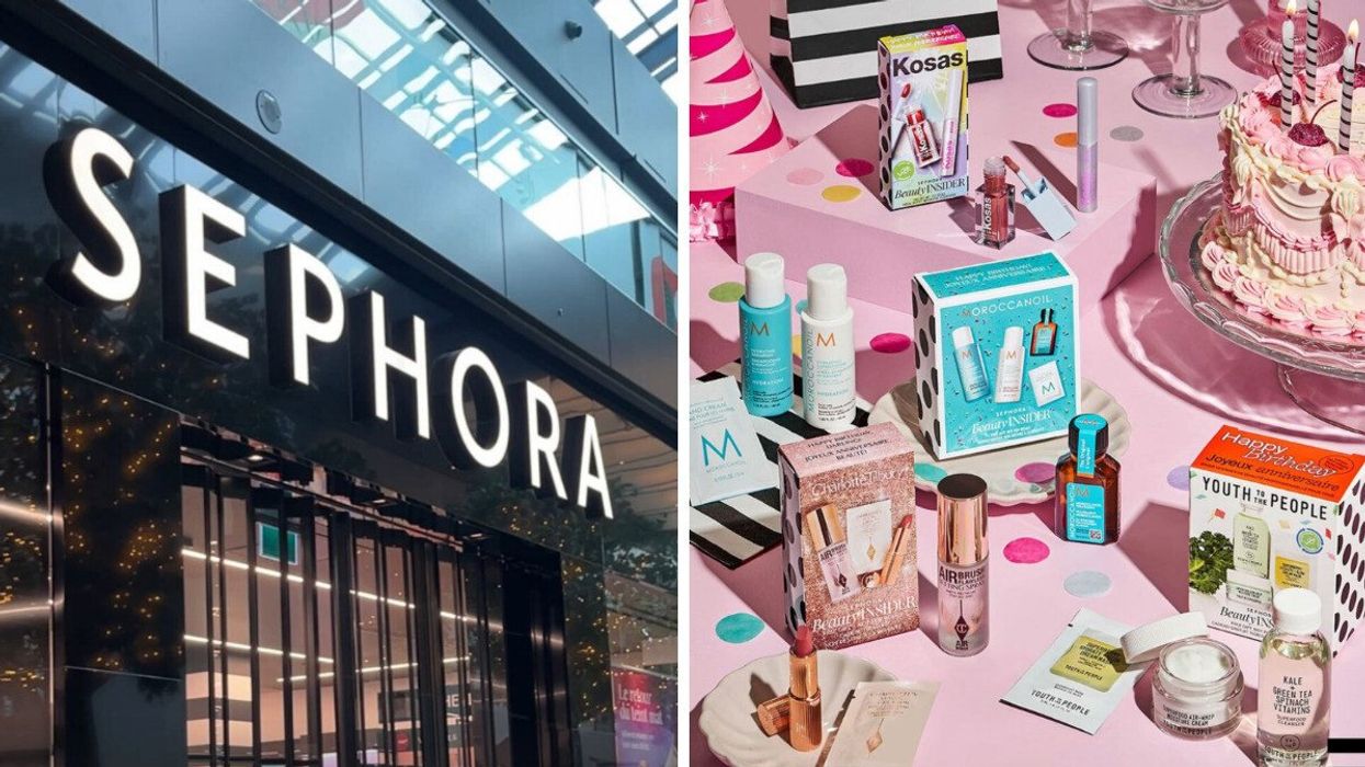 Devanture du Sephora à Montréal. Droite : Plusieurs produits de beauté vendus chez Sephora Canada.