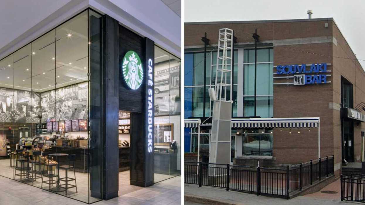 Devanture du Starbucks. Droite : Devanture du Souvlaki Bar à Laval.