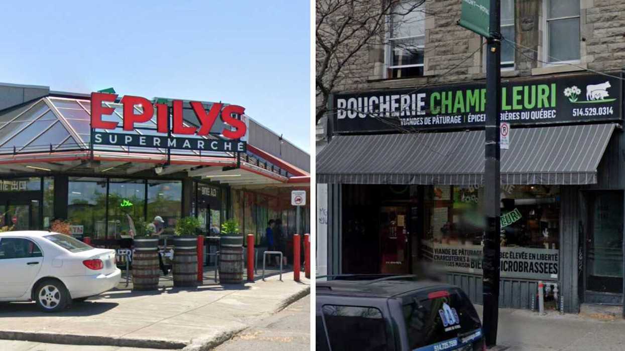Devanture du Supermarché Épilys à Montréal. Droite : Devanture de la Boucherie Champfleuri à Montréal.