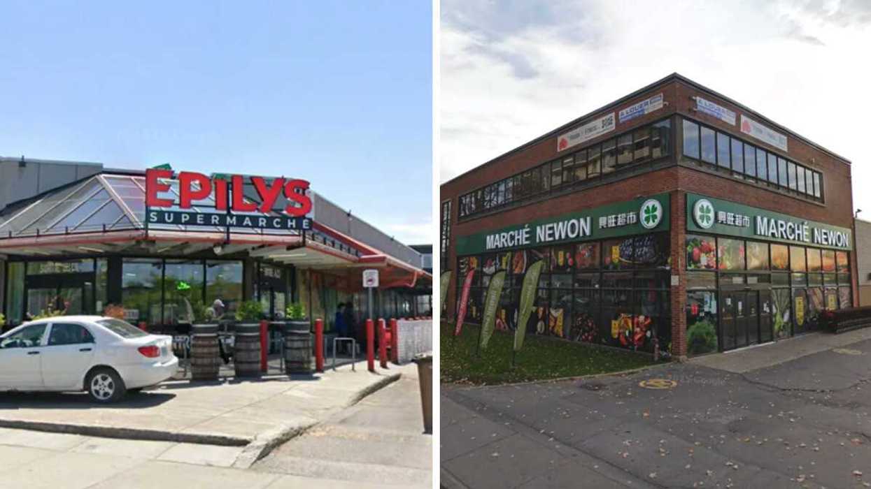Devanture du Supermarché Épilys à Montréal. Droite : Devanture du Marché Newon à Montréal.