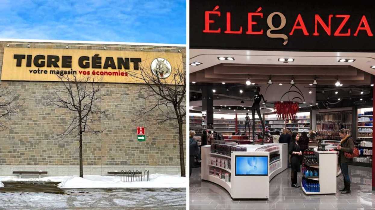 Devanture du Tigre Géant. Droite : Devanture de la boutique Éléganza.