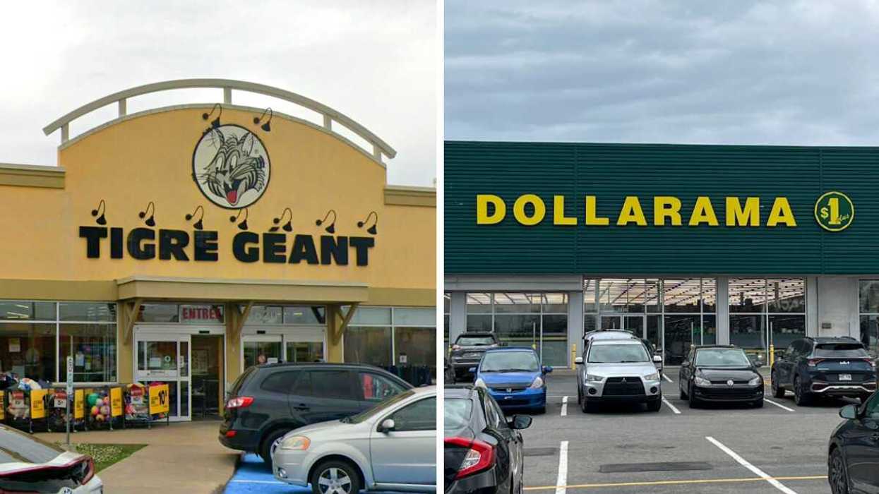 Devanture du Tigre Géant. Droite : Devanture du Dollarama.