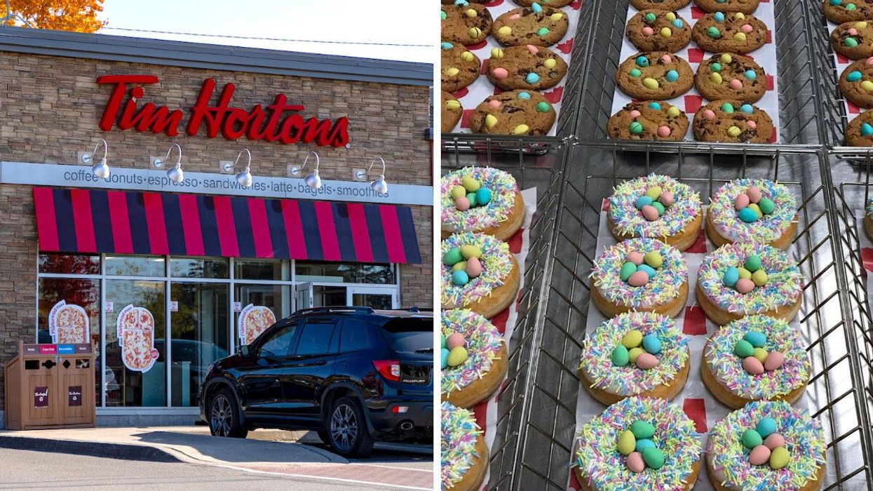 Devanture du Tim Hortons. Droite : Beignes et biscuits aux Mini Eggs.