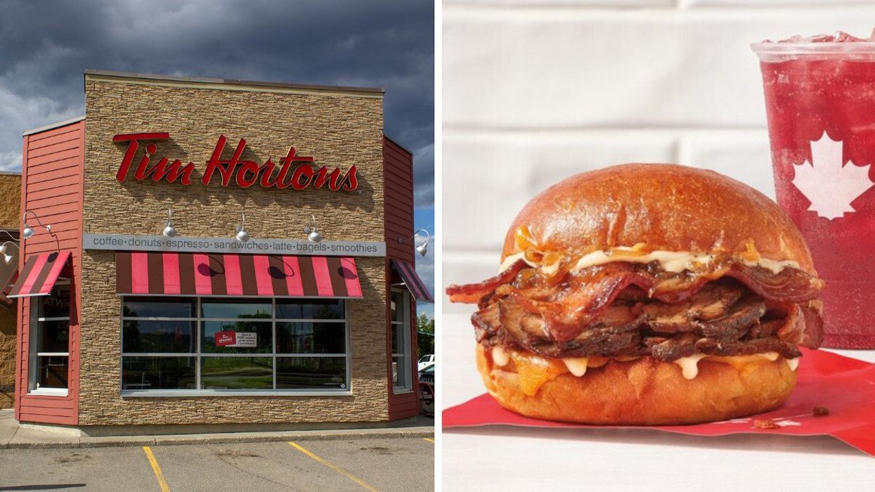 Devanture du Tim Hortons. Droite : Le nouveau sandwich Steak Suprême du Tim Hortons.