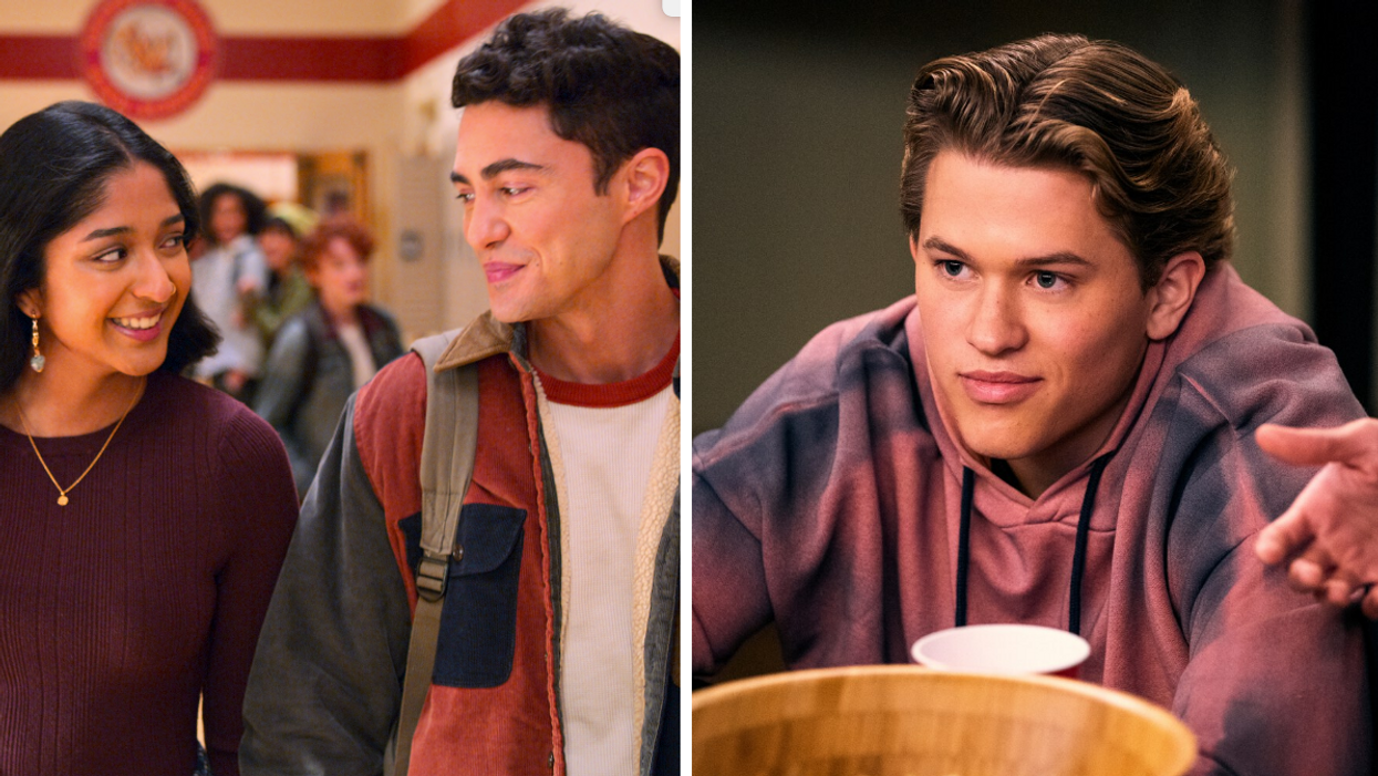 Devi and Paxton in 'Never Have I Ever.' Right: Parker, played by Deacon Phillippe in 'Never Have I Ever.'