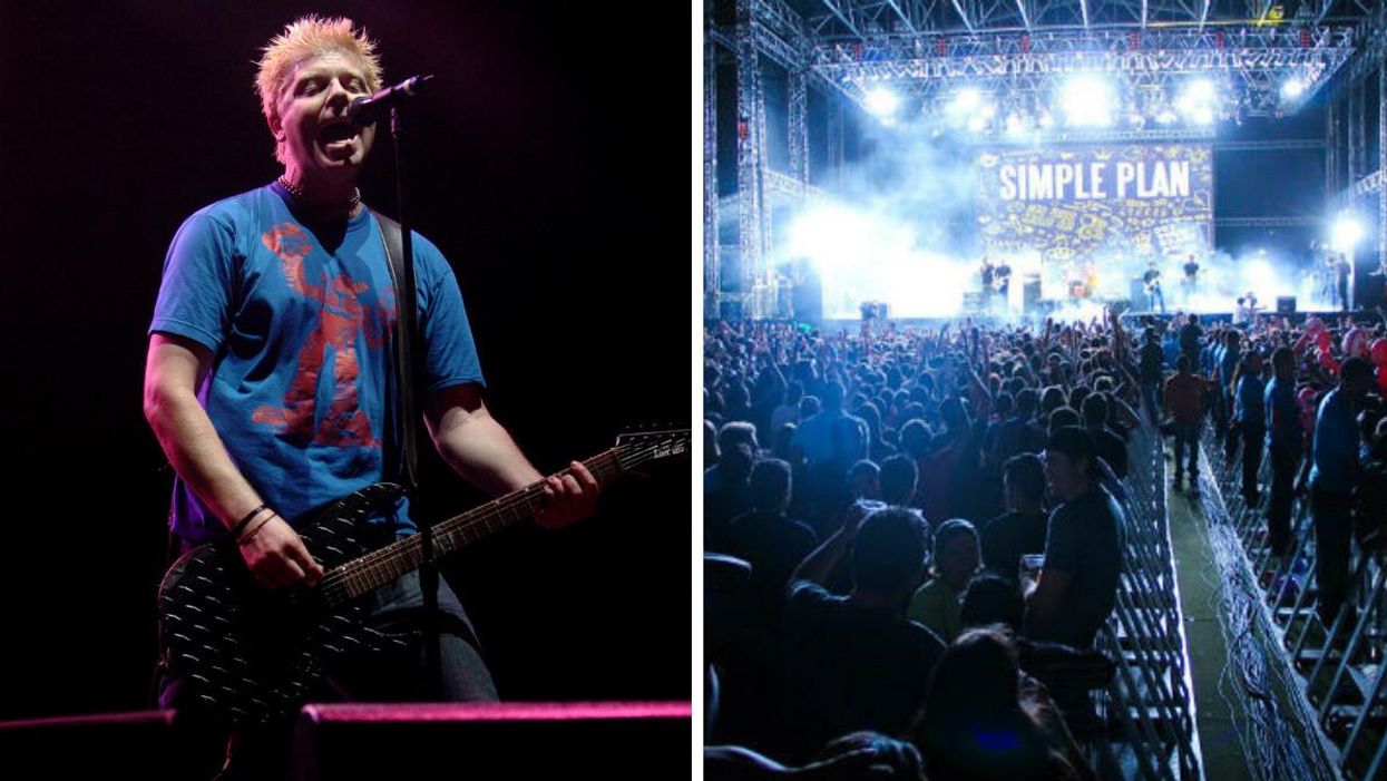 Dexter Holland rocking out. Right: A Simple Plan concert