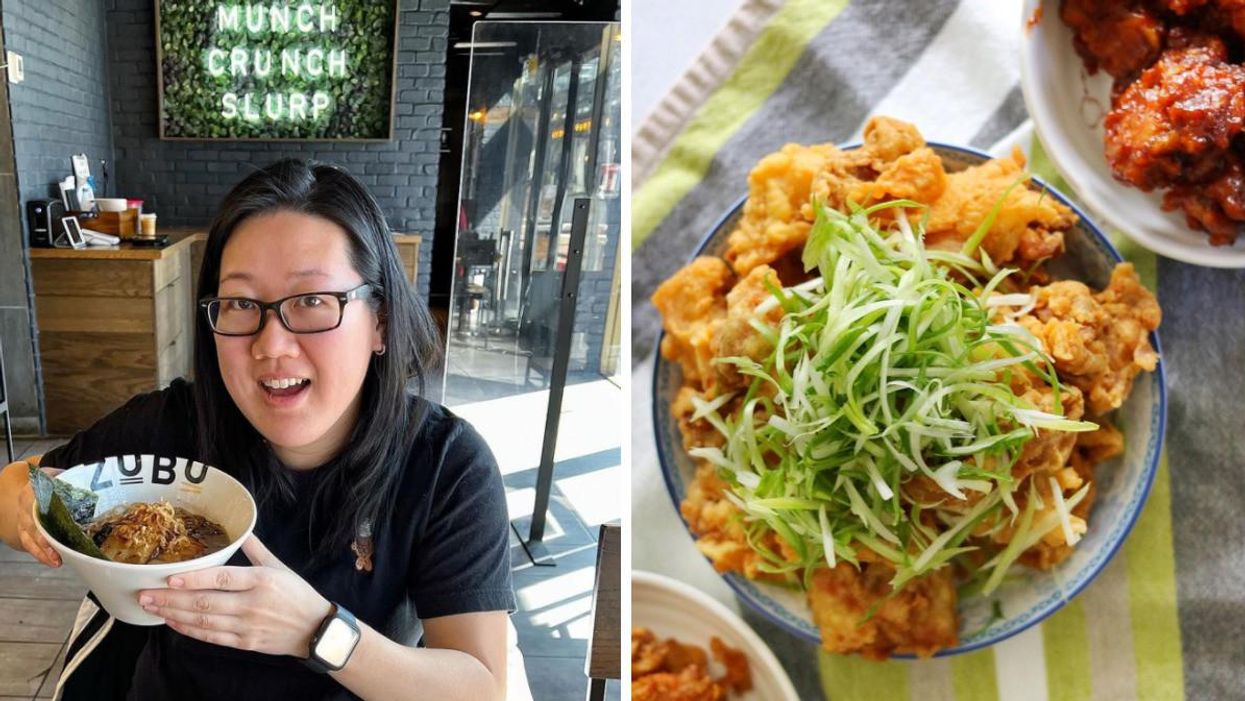Diana holding up a dish at a restaurant. Right: A fried chicken dish with green onions.
