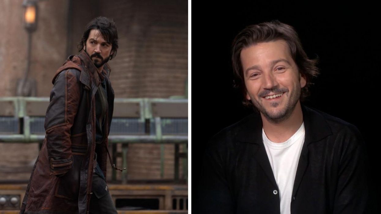 Diego Luna as Cassian Andor in "Star Wars: Andor." Right: Diego Luna speaking to Narcity.