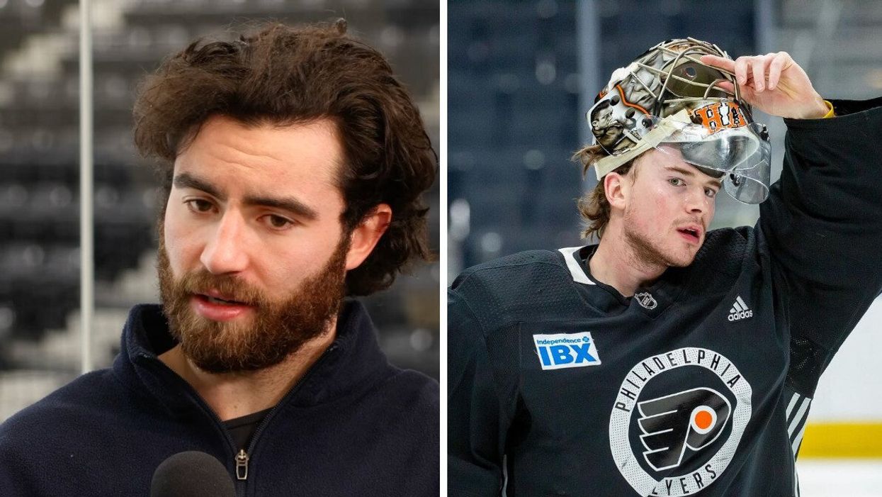 Dillon Dubé speaking into a microphone. Right: Carter Hart with a Philadelphia Flyers hockey jersey and holding his hockey helmet.