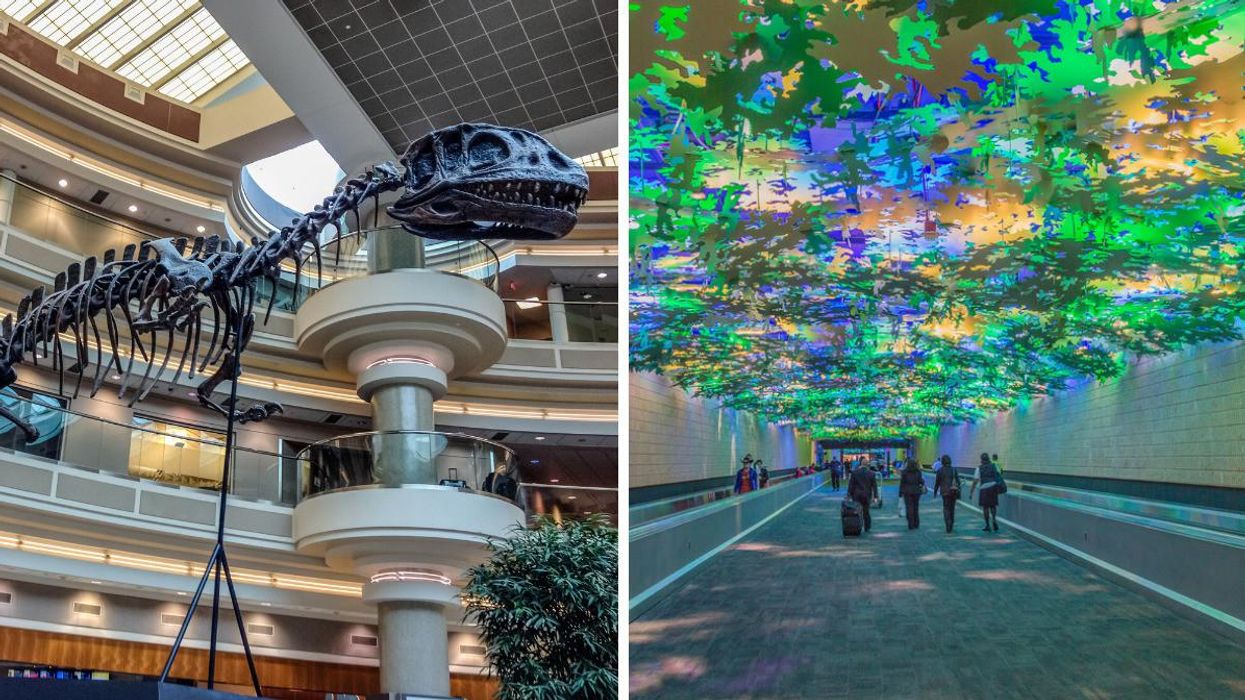 Dinosaur skeleton inside Atlanta International Airport. Right: Flight paths in between concourses in the Atlanta Airport.
