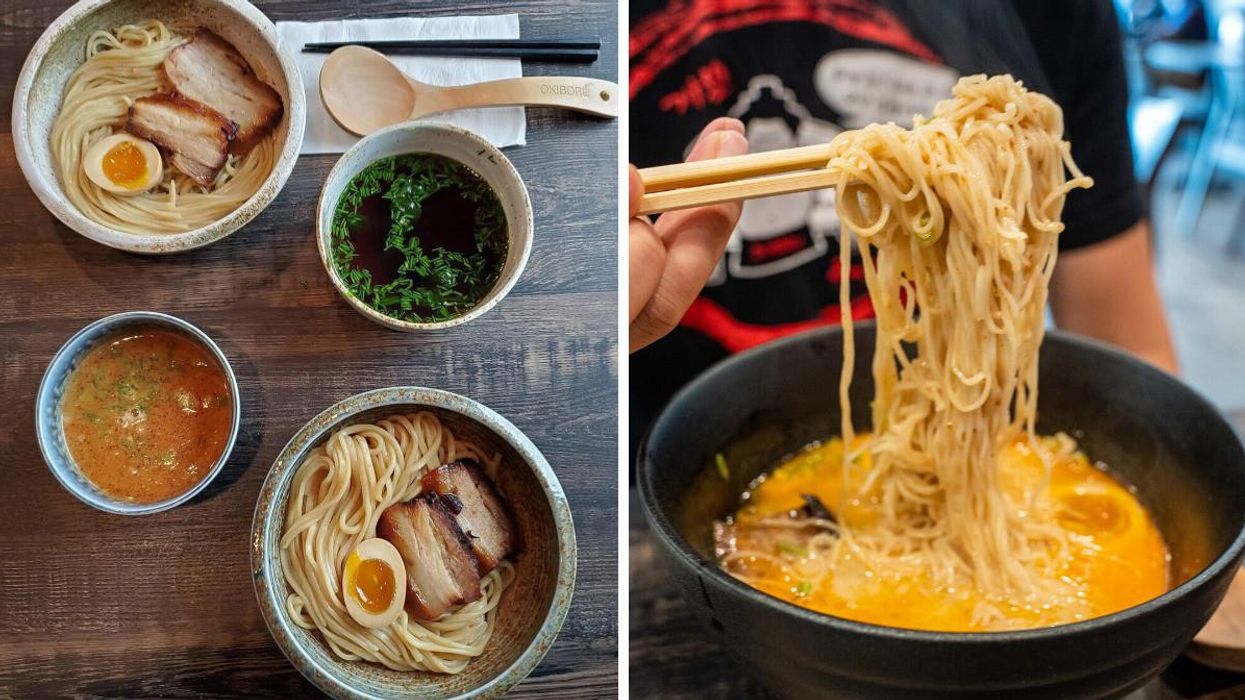 Dishes from Okiboru Atl on a wooden table. Right: Ramen noodles are lifted from a bowl with chopsticks.